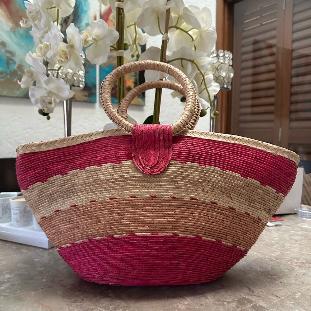 Vibrant Pink and Tan Woven Tote Bag